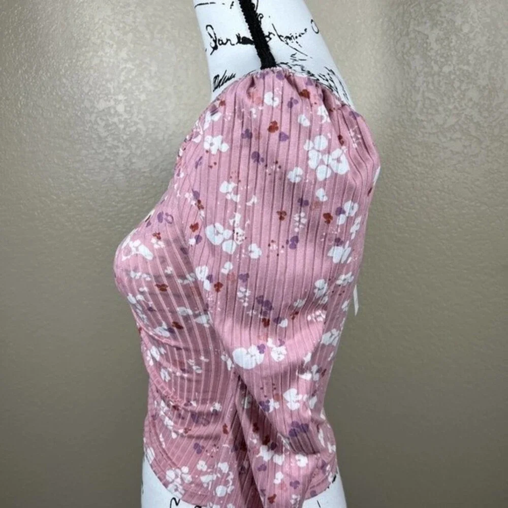 Antistar Pink top White floral  print long sleeve front ruched crop top size S
